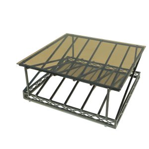 Coffee table with criss-cross metallic stand